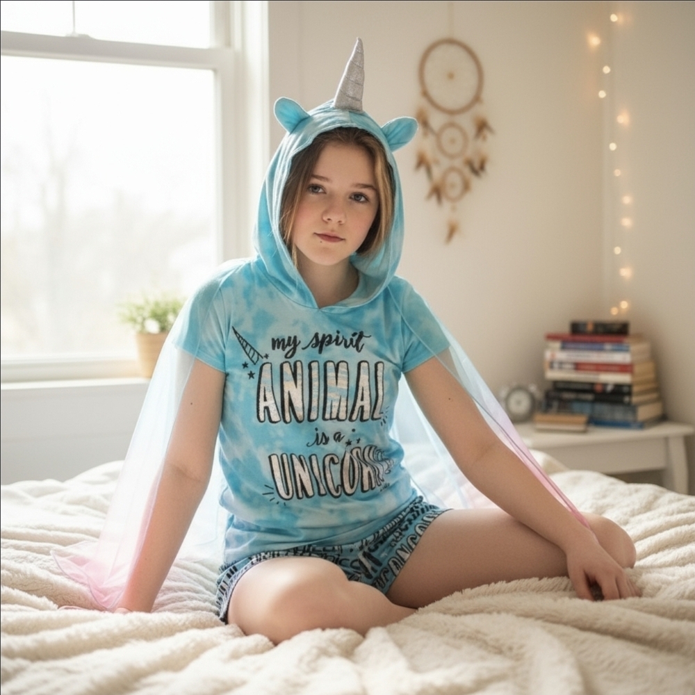 Justice ✦ Unicorn Pajama Set ✦ Teal Blue Tie Dye Hooded Top w/ Wings 14/16
